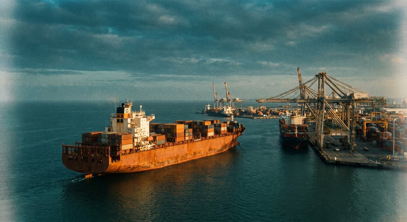 Container ship arriving at a port terminal with gantry cranes at golden hour
